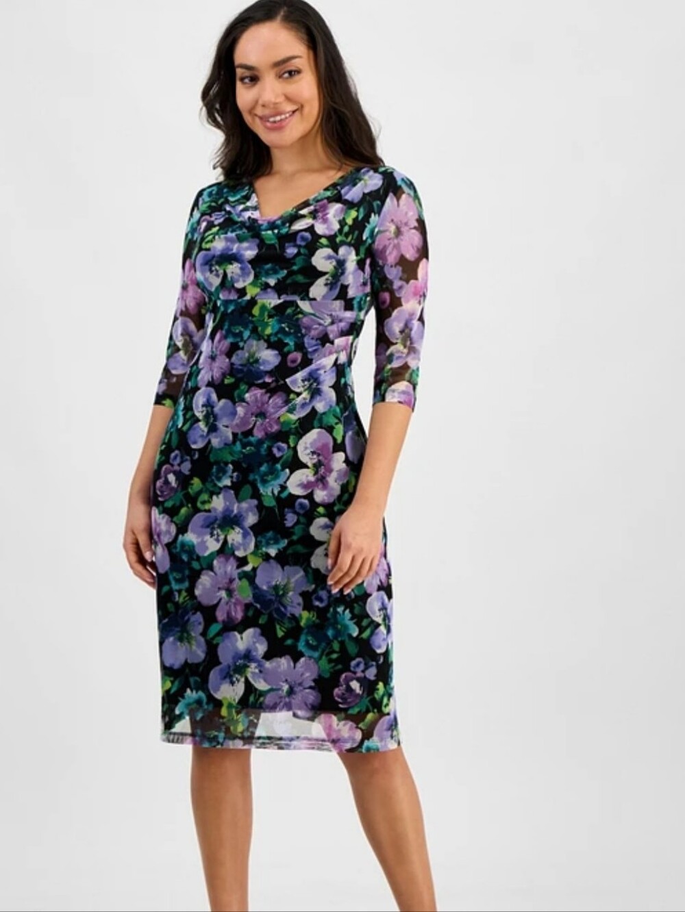 Connected Apparel 24W Purple Floral Cowl Neck Midi Dress 3/4 Sleeve Plus Size
